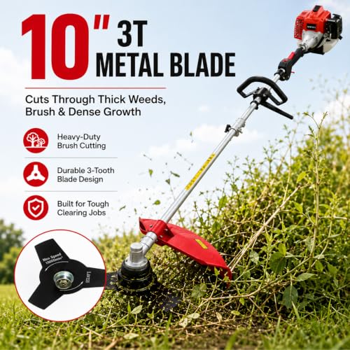 Image of AMERISUN 26cc Gas String Trimmer, 3-in-1 Weed Trimmer /Edger /Brush Cutter, 16 inch Cutting Path, 10 inch Metal Blade, Heavy-Duty for Thick Grass & Brush, Shoulder Strap Included | 16 inch Cutting Path, 10 inch Metal Blade, Heavy-Duty for Thick Grass & Brush, Shoulder Strap Included