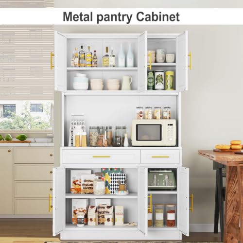 Image of 71 Sideboard Buffet Cabinet, Metal Kitchen Coffee Bar Cabinet White | Pantry Sideboard Storage, Coffee Bar Table Console with Cable Hole, Drawers, Adjustable Shelves for Kitchen, Living Room