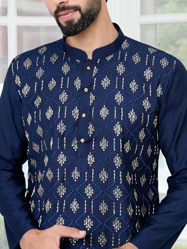 Image of See Designs Men's Full Sleeve Mandarin Collar Ethnic Motifs Embroidered Sequinned Mandarin Collar Straight Long Kurta with Pyjama - Festive Collection