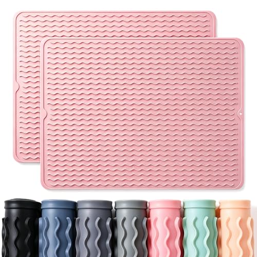 Image of 2 Pack Caketime Silicone Dish Drying Mat for Kitchen Counter Cooking Baking Liners Drawer Refrigerator Espresso Machine Station Utensil Holder Washer Trivets Oven Chef Gifts Extra Large 24 inchx18 inch Pink