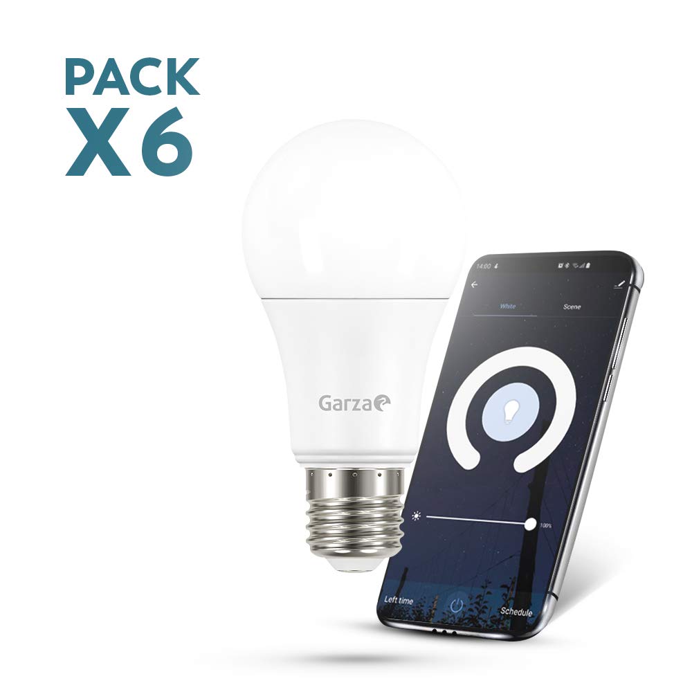 Garza Smarthome -Pack 6 Bombillas LED WiFi 9w 810 lm Estandar E27 inteligente y programable, cambio de Intensidad, control por voz y app, Alexa, iOS, Google, Android