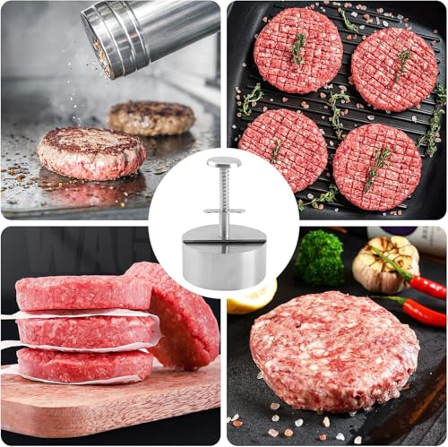 Image of Premium 304 Stainless Steel Burger Press | 12cm Adjustable Hamburger Patty Maker & Aloo Tikki Mould | Spring-Loaded Non-Stick Meat & Veg Cutlet Shaper for Home Kitchen & BBQ