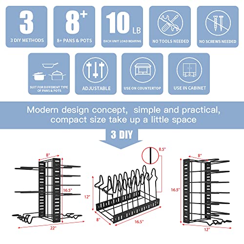Felibeaco-Adjustable-Pots-and-Pans-Organizer-Rack-for-Cabinet-Metal-Pans-Pots-Lids-Storage-Holder-Rack-with-3-DIY-Methods-for-Kitchen-CounterBlack