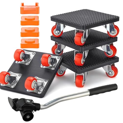 JUGGPENG 9-Teiliges Möbel Transportroller Set, Schwerer Möbeltransporter mit Verlängerungsstange und 4 Möbelroller, 360 Grad Drehbar Rads, 400kg Tragfähigkeit, Möbelheber Möbeltransportrollen
