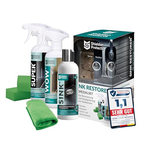 Shieldon Protects Sink Restorer Spüle Imprägnierung und Reinigung Set - Drei Reiniger für Küche Spüle + 2x Schwamm und Mikrofasertuch - Granit Blanco Silgranit Reiniger für Granitspüle