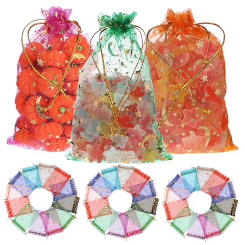 TIDTALEO 100個 星月プリントオーガンジー巾着袋 軽量耐久ジュエリーポーチ 小物収納ラッピング袋 多用途パーティーバッグ お菓子 包装用