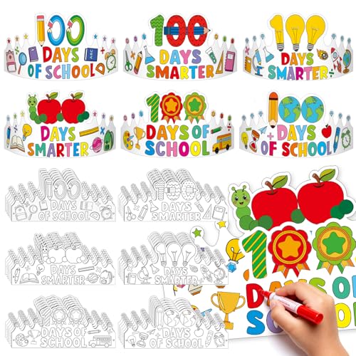36 Set 100 Days of School Coloring Crowns 100th Day of School Paper Craft Crown Hats 100 Day Party Decorations Color Your Own Crafts for Students Classroom Activities Gift Celebration Supplies DIY Art