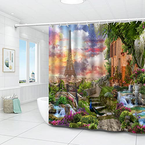 Yintonne Spring Scenery Shower Curtains Eiffel Tower European Architecture Green Plant Colorful Flower Peacock Pattern Print Bathroom Cloth Hanging Curtain Set With Hooks 70 X 70 Inch #TOP2
