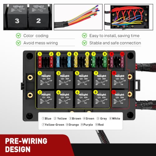 Image of Nilight 12V Fuse Relay Box 10 Relays 4pin /5pin 40A 10 Fuses Pre-Wired Block