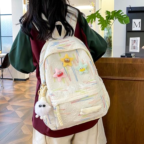 Cute Y2K Star Backpack for Girls Cartoon Star Brooch Backpack for Girl Teens Large Capacity Schoolbag Preppy Daypack (White)2