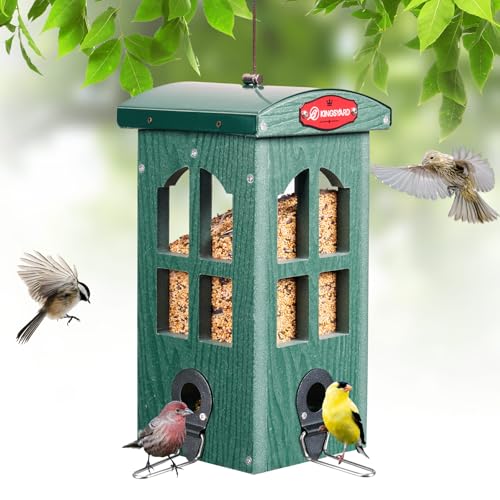 Kingsyard Upgraded Rainproof Bird Feeder for Outdoor Hanging - Metal Feeding Port, Recycled Plastic Wild Bird Feeder with Metal Mesh Tray for Goldfinch Small Bird, Garden Yard Decoration, Green