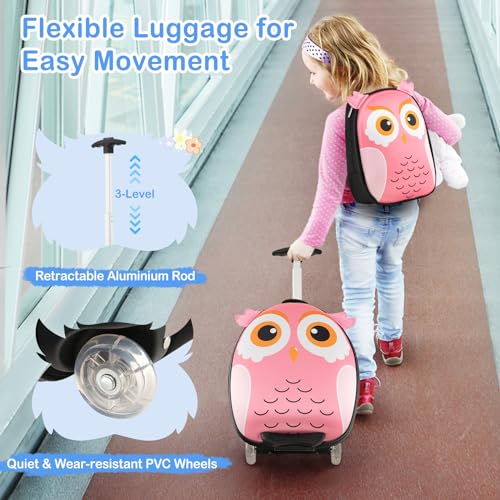 BABY JOY 2 Pcs Kids Luggage Set, 16" Rolling Suitcase w/ 12" Backpack, Airline Approved for Girls & Boys Children Toddlers, Kids Carry On Luggage with Wheels (Owl)3