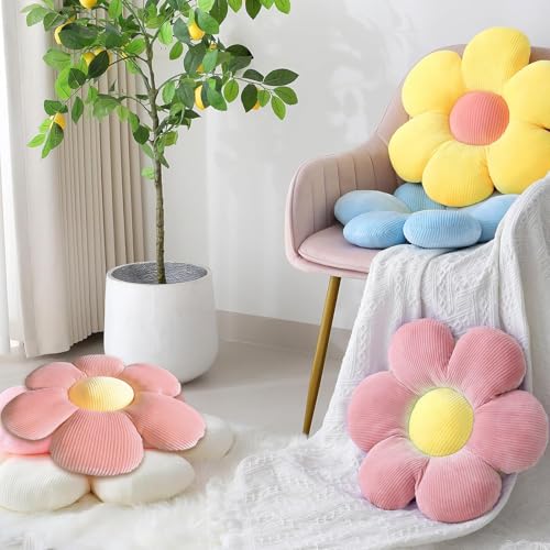 YUZHEDM Blumenkissen, Deko Kissen, Aesthetic Room Decor, Flower Pillow, Tatami bequemen Sitzkissen für Kinderzimmer Hause Stuhl Boden Bett Sofa Dekoration (40 x 40cm, Rosa Gelb)