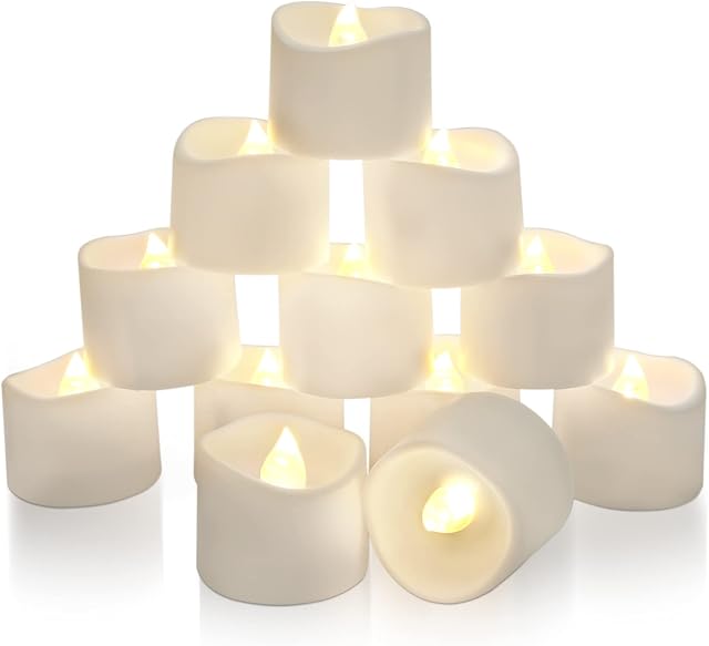 Homemory 12pcs Flameless Battery Operated Led Tea Lights with Timer, 6H ON/18H OFF, Bright and Realistic, Electric Flickering Fake Candles in Warm White