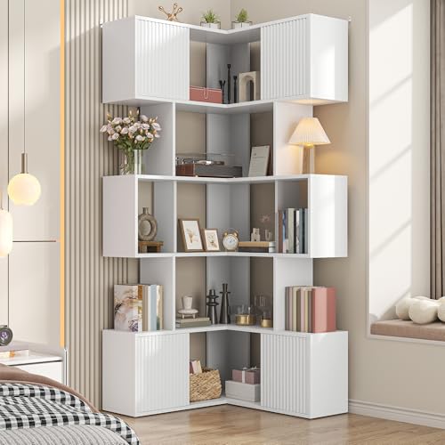 Image of kepptory L-Shaped Corner Cube Bookshelf, 6-Tier Display Book Shelf | Freestanding Bookcase Open Rack for Collectibles, Model Figures, Toys, Books, Decor Display, Living Room Gaming Room, White