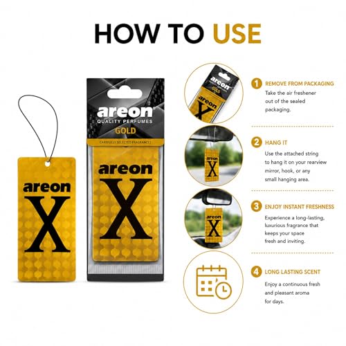 Image of AREON X Gold Hanging Car Air Freshener - Long Lasting Premium Fragrance - Elegant Vehicle Scent Freshener for Cars, SUVs, Trucks, RVs - Easy Hang Design - Stylish Interior Accessory (Pack of 3)
