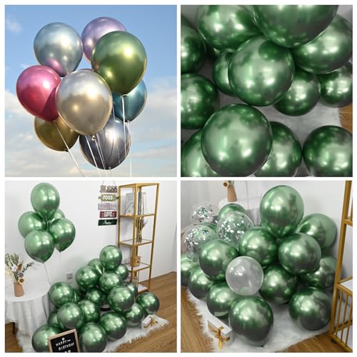 Image of Jobkoo Metallic Green Balloons, 12Inch Chrome Dark Green Balloons 30Pcs Retro Sage Olive Green Metallic Party Balloons Hunter Green Chrome Helium Balloon for Jungle Birthday Graduation Wedding Decor