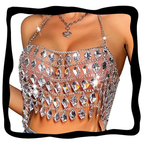 Aukmla Rhinestones Bra Chain Top Silver Halter Crystal...