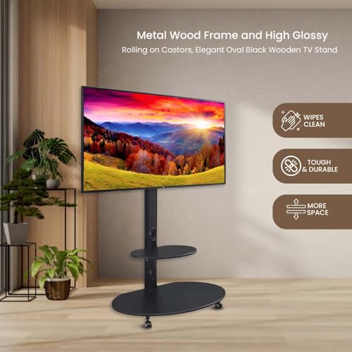 Image of Wooden /Metal Mobile TV Stand on Wheels Height Adjustable Floor TV Stand Holds Upto to 65 inch LED /Smart TV, BlackTV Stand TV Unit /Mount -Oval