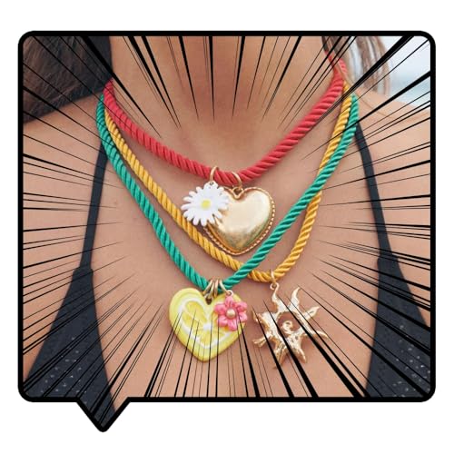 Doubnine Summer Beach Layered Necklace with Colorful Rope Cords, Heart and Sun Charms, Daisy Pendant Necklace Set of 3