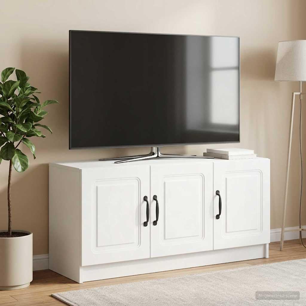 Mobile TV Bianco 99x34,5x47cm in Legno Ingegnerizzato | Consolle bassa con 3 ante e maniglie per organizzare decoder e accessori nel soggiorno o in camera da letto.