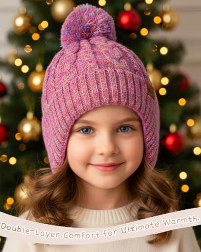 Image of KMOLY Kids Toddler Winter Hat 2PCS,Thick Warm Beanies with Pom Pom Fleece Lined Earflap Knit Hat for Boys Girls Children
