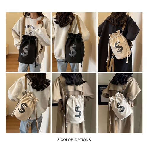 Canvas Drawstring Backpack with Coin pouch, Large Money Dollar Sign Bucket Rucksack, Lightweight Sport Bags (Off White)4