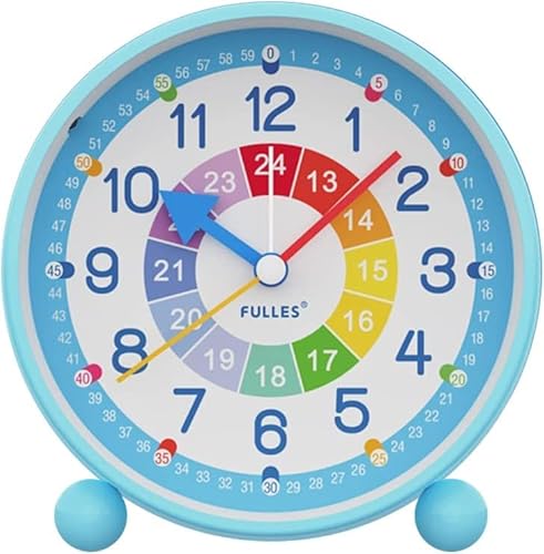 目覚まし時計 知育時計 置き時計 学習時計 アナログ時計 24時間表示 補助数字付き 静音 用 生徒用 目覚まし時計として使用できます 常夜灯付き 時計を読む練習と時間の学習に便利 直径約11cm (ブルー)