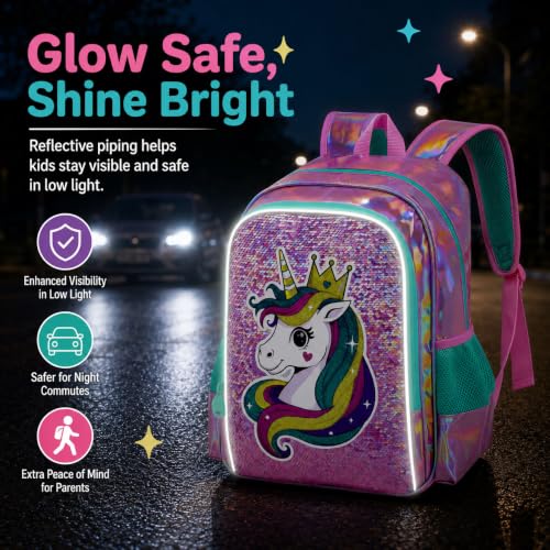 Image of CCJPX 16 inch Unicorn Backpack for Girls, 3Pcs Kids Sequin Bookbag with Lunch Box, Water Resistant Elementary School Bag for Kindergarten Preschool Toddler (Pink)