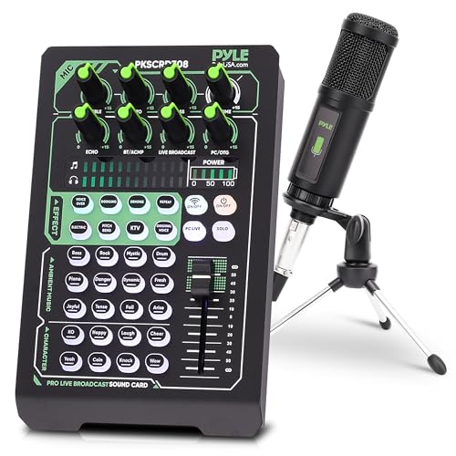 Pyle Portable Bluetooth Live Broadcast Sound Card Pro Audio Interface DJ mixer Condenser w/Microphone Set, for Streaming Podcasts Studio, Recording PC, Gaming, Phone, w/FX, Ambient Sounds