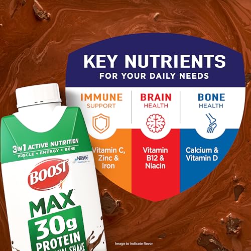 Image of BOOST MAX Protein Shakes Ready to Drink - 30g High Protein Shake - Chocolate | Nutritional Drinks to Support Muscle Recovery After Exercise, 26 Vitamins & Minerals, 1g Sugar, 11 fl oz (Pack of 18)