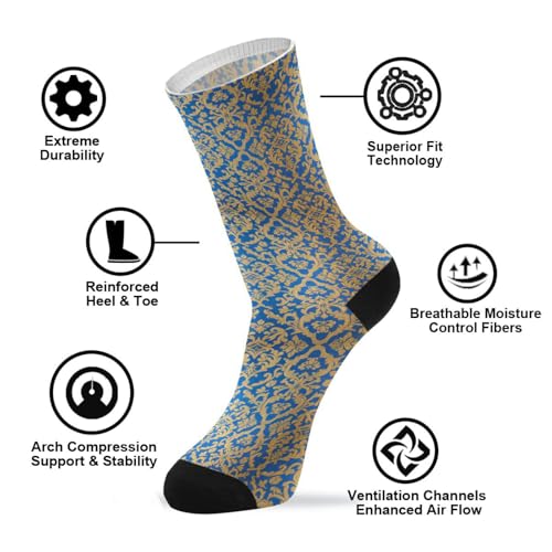 Blue and Gold Baroque Vintage Flowers men's crew socks running casual wicking black socks for men (2-Pair)4