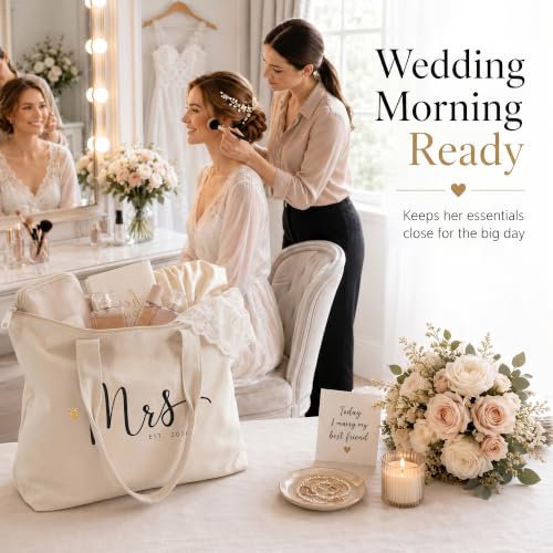CARAKNOTS Bridal Shower Gifts, Mrs Tote Bag for Bride 2026, Cotton, Zipper | Large Bridal Bag with Top Zipper & Pocket, Wedding Essentials, Future Mrs Gift, Bachelorette, Getting Ready, Honeymoon Beach - image 6