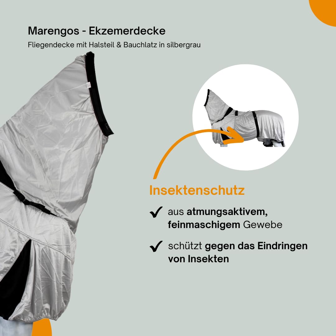 Marengos - Ekzemerdecke mit Halsteil & Bauchlatz – Fliegendecke aus feinmaschigem Gewebe – Schutz v. Insekten – doppelter Frontverschluss & Gehfalte – Pferdedecke in Silbergrau – 135cm
