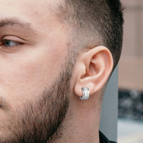 Jstyle 3 Pairs Men's Hoop Earring Stainless Steel Hoop Earrings for Men Women Huggie Earrings Unique Greek Key Fashion Huggie Earrings Piercing Jewelry4