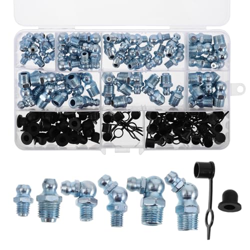 TOMETURE Boquillas y Accesorios de Engrase para Vehículos y Maquinaria, Kit de 120 Piezas 8 Tamaños y Tapas Protectores, Incluye Agujas y Tornillos para Aplicación Automotriz