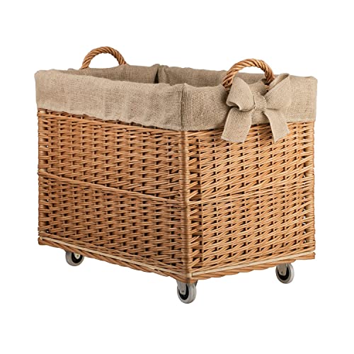 Coffre de rangement en osier ,Panier à linge en osier avec roulettes et doublure en tissu jute (Naturel/jute1)