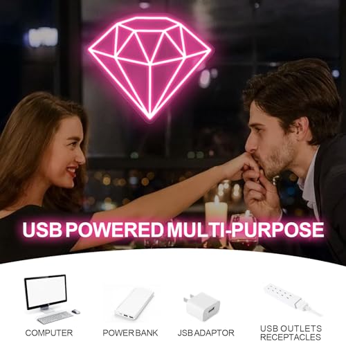 Image of Pink Diamond Neon Sign for Bedroom Wedding Bar Romantic Glam Wall Decor | Pink glow symbolizes love, confidence, and celebration, ideal for bedrooms, weddings, parties, bars, and glam spaces