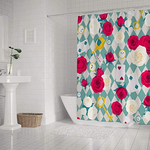 Kuizee Shower Curtain Waterproof ?Roses Card Key Clock Alice in Wonderland Blue Bath Curtains Polyester Decor Bathroom 60×72Inch Water-Repellent Bath Curtain Easy Install