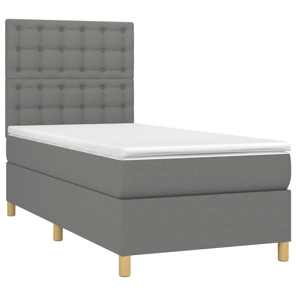 Tkanina z regulowanym zagłówkiem LED 90x200 cm szary | Łóżko kontynentalne 90x200 z materacem sprężynowym, ciemnoszara tkanina, zagłówek regulowany, LED USB, nowoczesne do sypialni