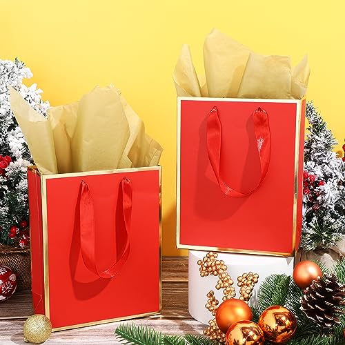 Image of Yeaqee 24 Pack Metallic Paper Gift Bag with Tissue, Red Gold | with Satin Ribbon Handle and Tissue, 9x7x3.1 Inch, Suit Business, Birthday, Christmas, Thank You Return Gifts Bags