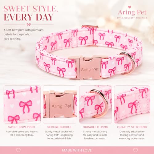 Image of ARING PET Girl Dog Collar for Puppy Small Medium Large Dogs-Pink Bow M | Cute Female Heavy Duty Pet Collars with Metal Buckle for XS S M L XL Dogs, for City Walk Coffee Shop Visit Birthday Party