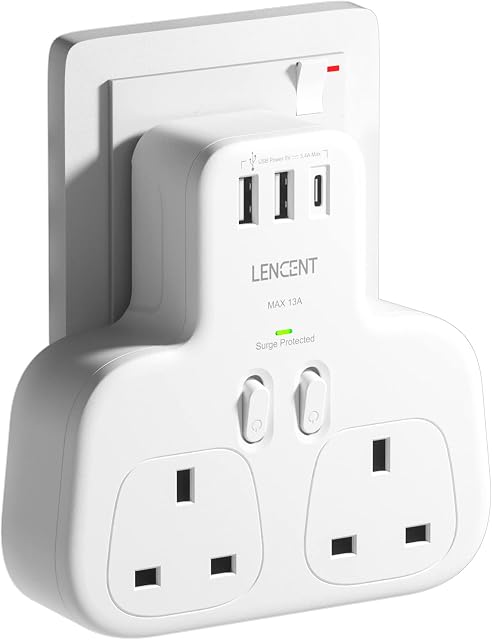 Double Plug Adaptor with 1 USB C and 2 USB Ports, Surge Protected Multi Plug Adapter , LENCENT 2 Way Wall Plug Extender for Household Appliances, iPhone, Smartphones, Tablets, 13A 3250W
