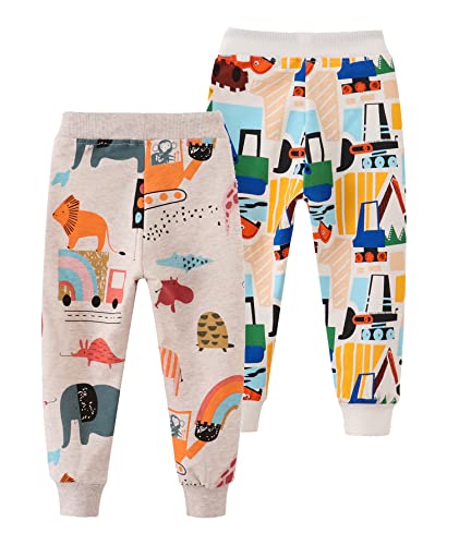 Image of HUAER& Baby Boy's Jogger Pants Dinosaur Car Animal Print Drawstring Elastic Sweatpants (1-Pack 2-Pack)