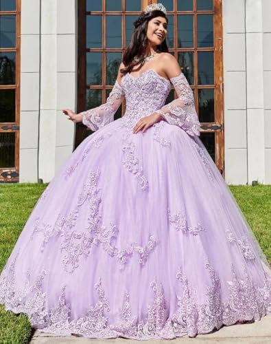 Laces Appliques Quinceanera Dresses for Teens Long Puffy Sparkly Tulle Ball Gown with Sleeve3