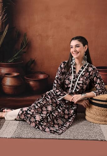 Image of Ichaa Women's Pure Cotton A-Line Ethnic V-Neck Kurta with 3 /4th Sleeve for Daily and Office Wear, in Plus Sizes