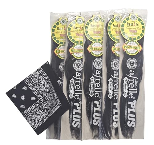 RastAfri Pre-Stretched Silky Braiding Hair with Bandana - 5 single packs (#1B)