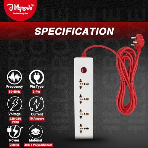 Image of Hillgrove 5 Meter Long Cable Power Extension Board with 4 Universal Socket and 1 Switch Surge Protector Board for Computer /Laptop /Fridge 4 Socket Extension Boards (White)