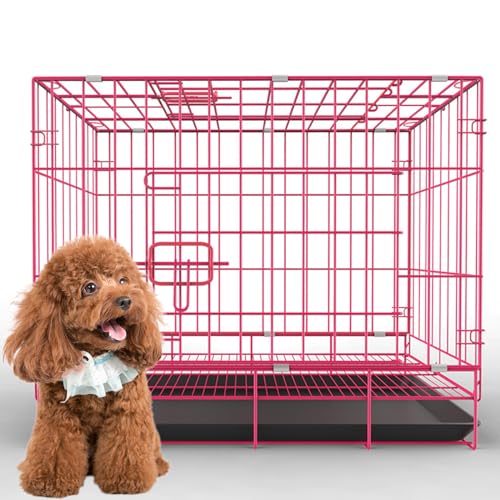 RUYICZB Dog Cage, Thickened Double Door Pet Cage, Foldable Portable Wire Metal Pet Cage Dog Cage with Removable Tray, Easy to Install, Perfect for Puppies and Kittens,Pink,13.8" Lx9.8 Wx13 H