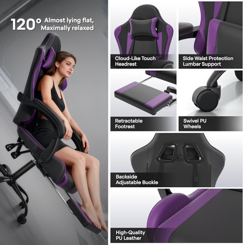 Image of Athena Collection Ergonomic Gaming Chair for Adults, Purple | Height Adjustable Office Chair Computer Desk Chair with Footrest & Headrest Lumbar Support for Office & Home, 350lbs